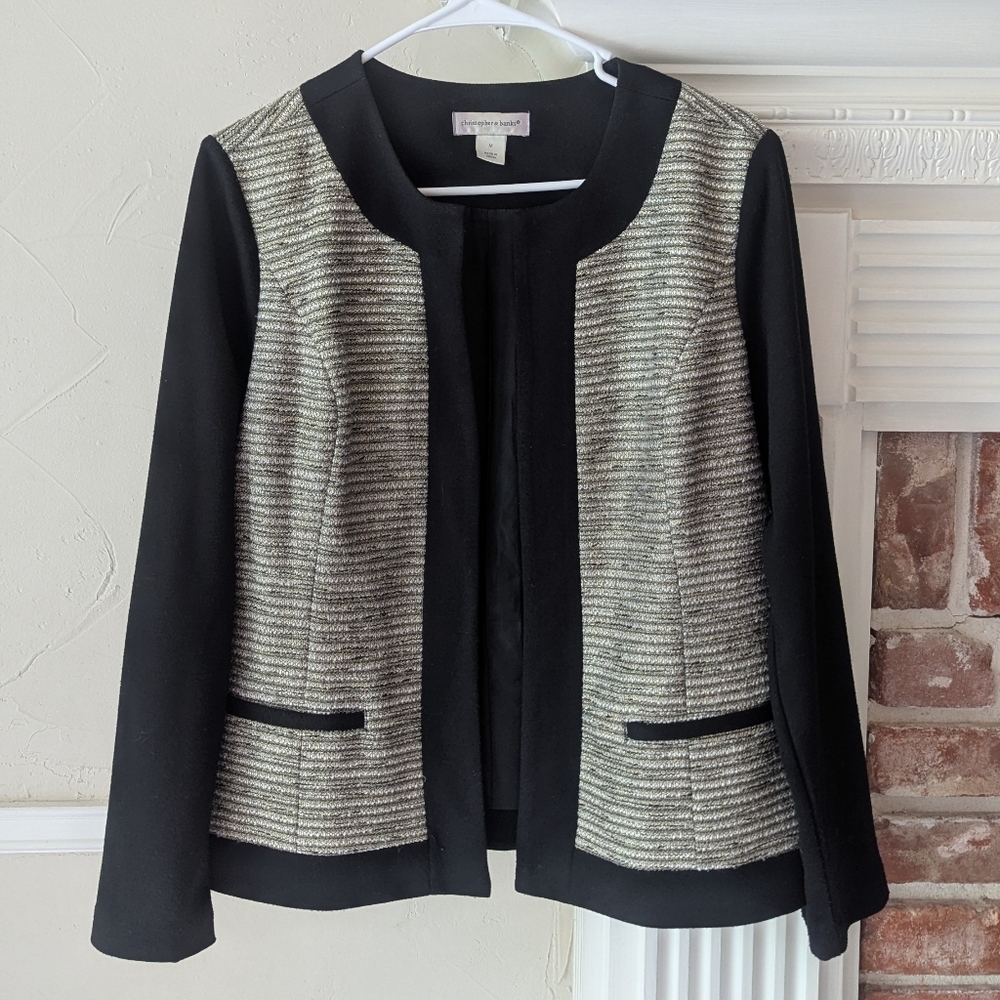 Christopher & Banks | Womens Black Gold Shimmer Open Front Blazer